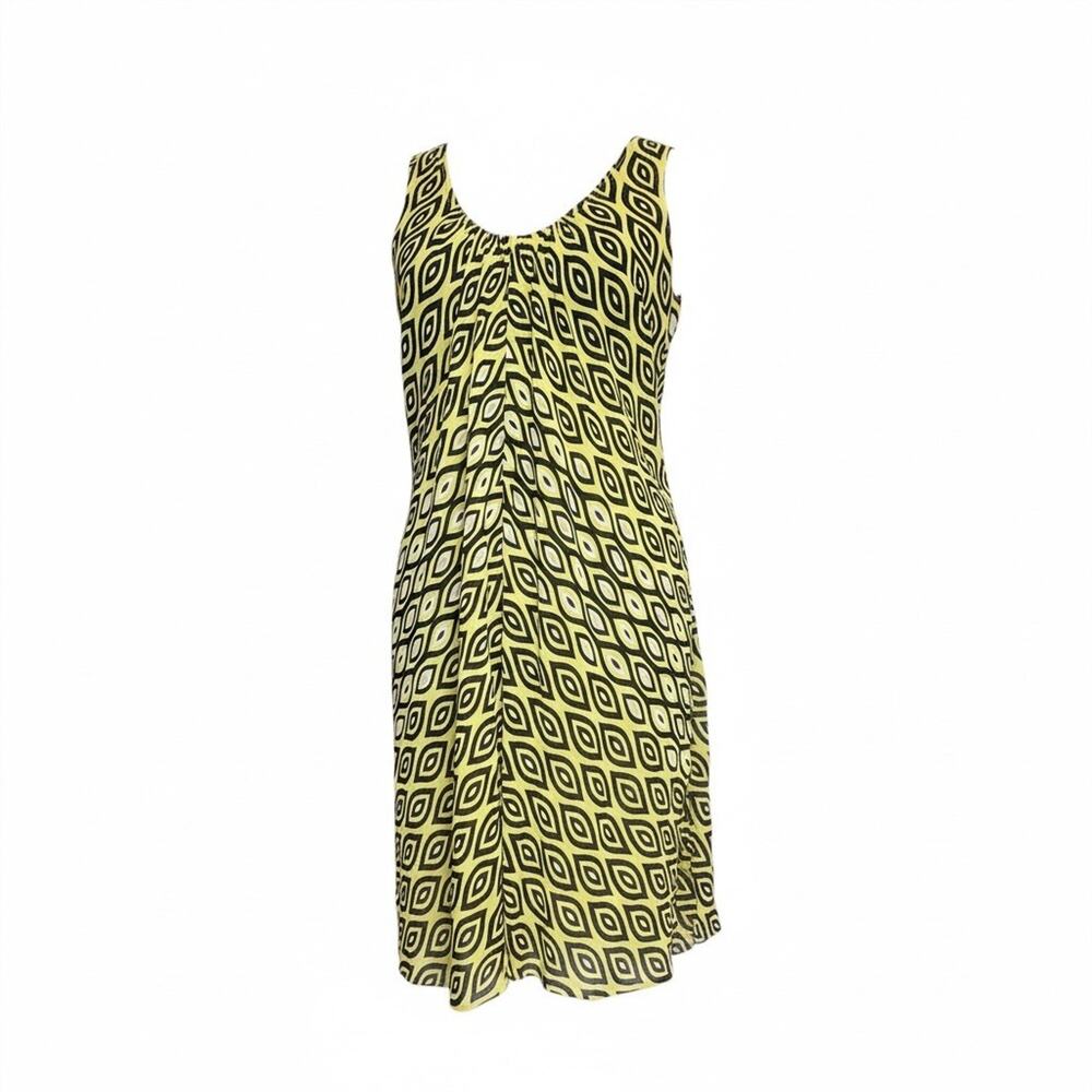 Nicole Miller Studio Geometric Midi Dress Yellow Black Bold Print Sheer Resort M